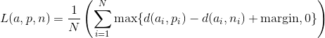 L(a, p, n) = \frac{1}{N} \left( \sum_{i=1}^N \max {d(a_i, p_i) - d(a_i, n_i) + {\rm margin}, 0} \right)